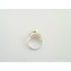 Charter Club Silver Tone Pearl and Silver Rhinstone Ring, Size 10